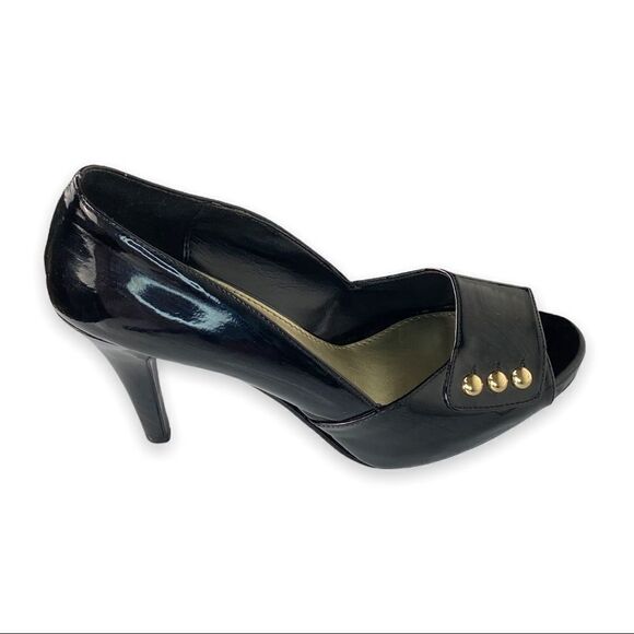 Dexter Black Patent Peep Toe Heels With Gold Studs Size 9 - Picture 12 of 12